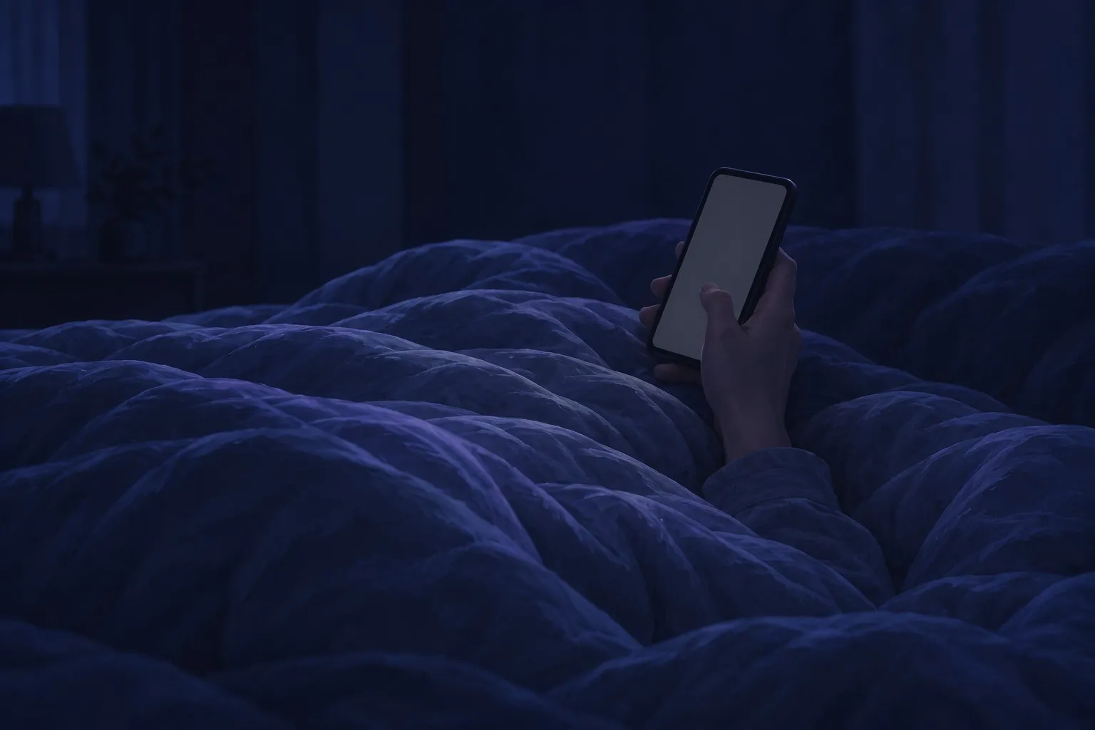 In a dark bedroom, a hand under the covers holds a phone with its screen dimmed almost to gray