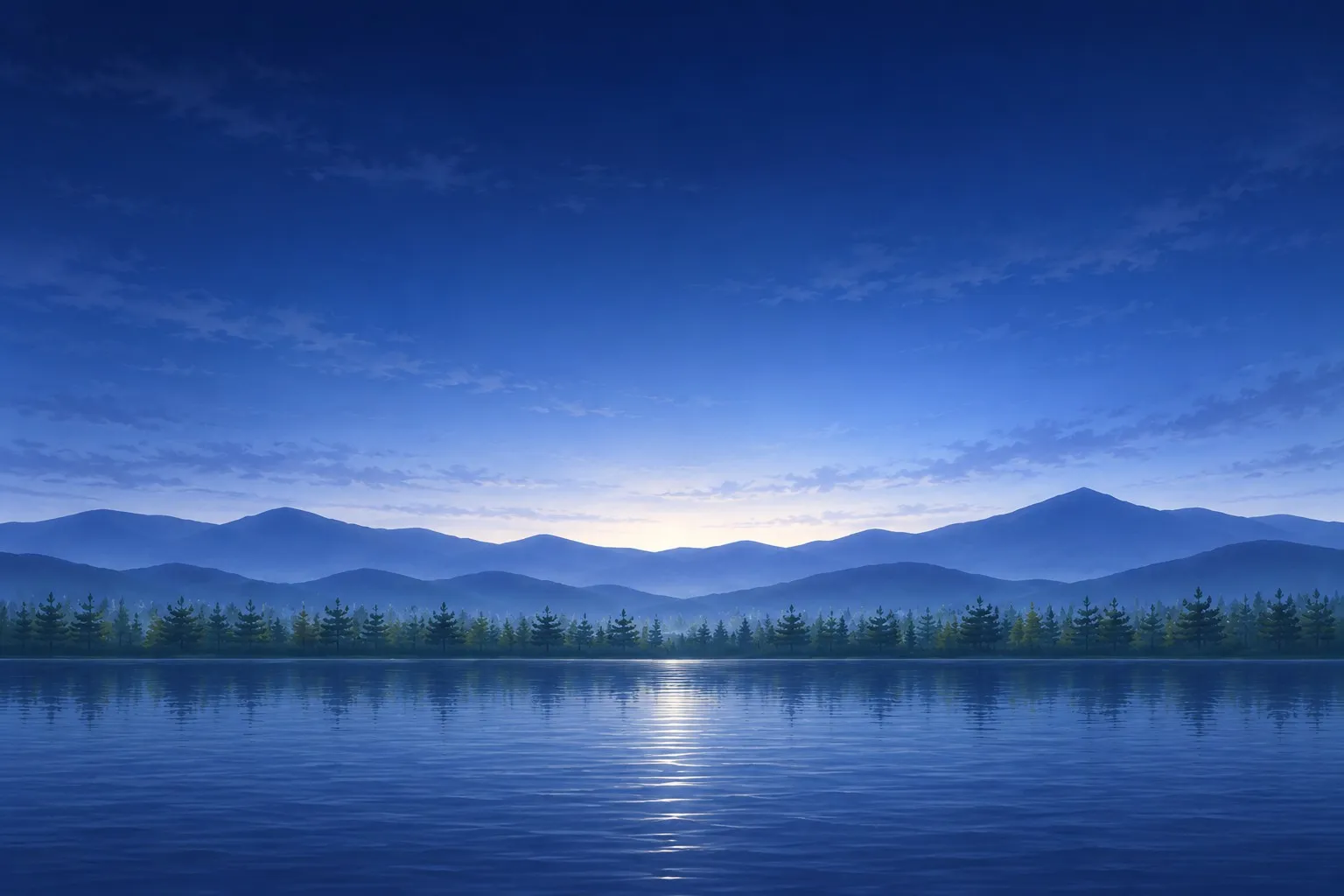 夜明けの光が差しはじめた湖畔