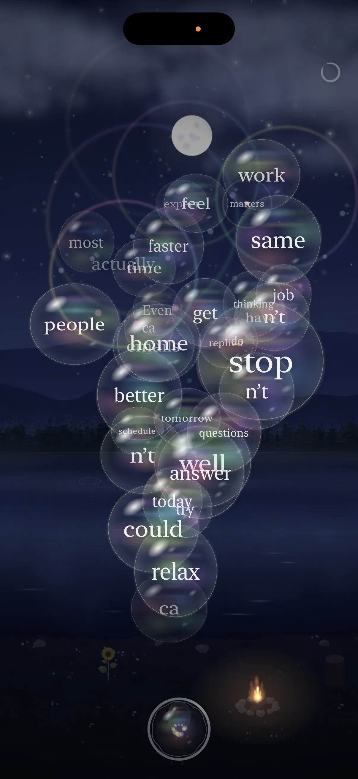 ZEN BUBBLE at night: soap bubbles carrying words float over a dark lake